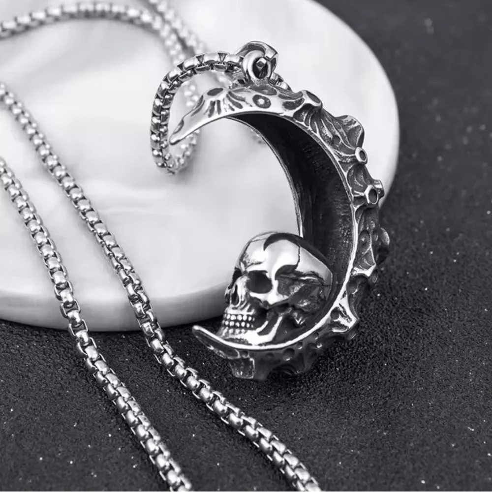 925 Sterling Silver Skull In Crescent Moon NO FADE Necklace Unisex Biker Goth